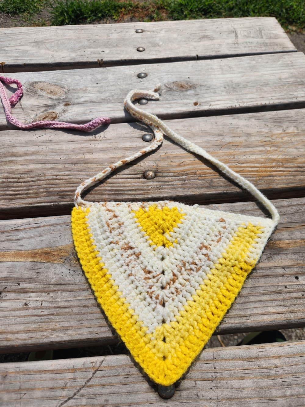 Handmade Crochet Triangle Bandana  - Yellow & Cream